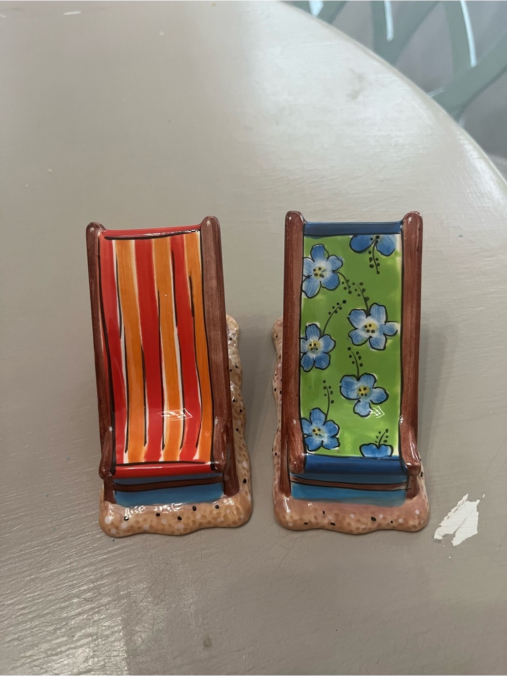 Clay Art ceramic beach chairs salt and pepper shakers. New condition.